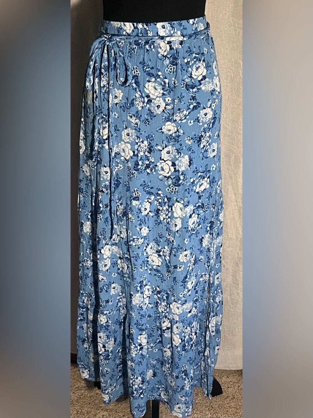 Francesca's Blue and White Floral Maxi Skirt with Side Tie